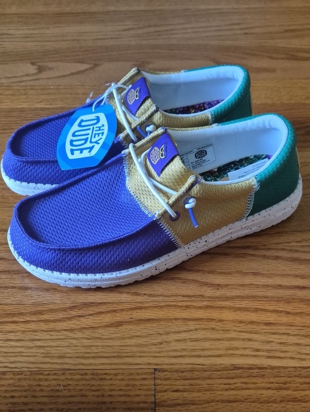 Hey Dude Men's Slip-On Sneakers in Purple, Gold and Green, size 7 NWOB